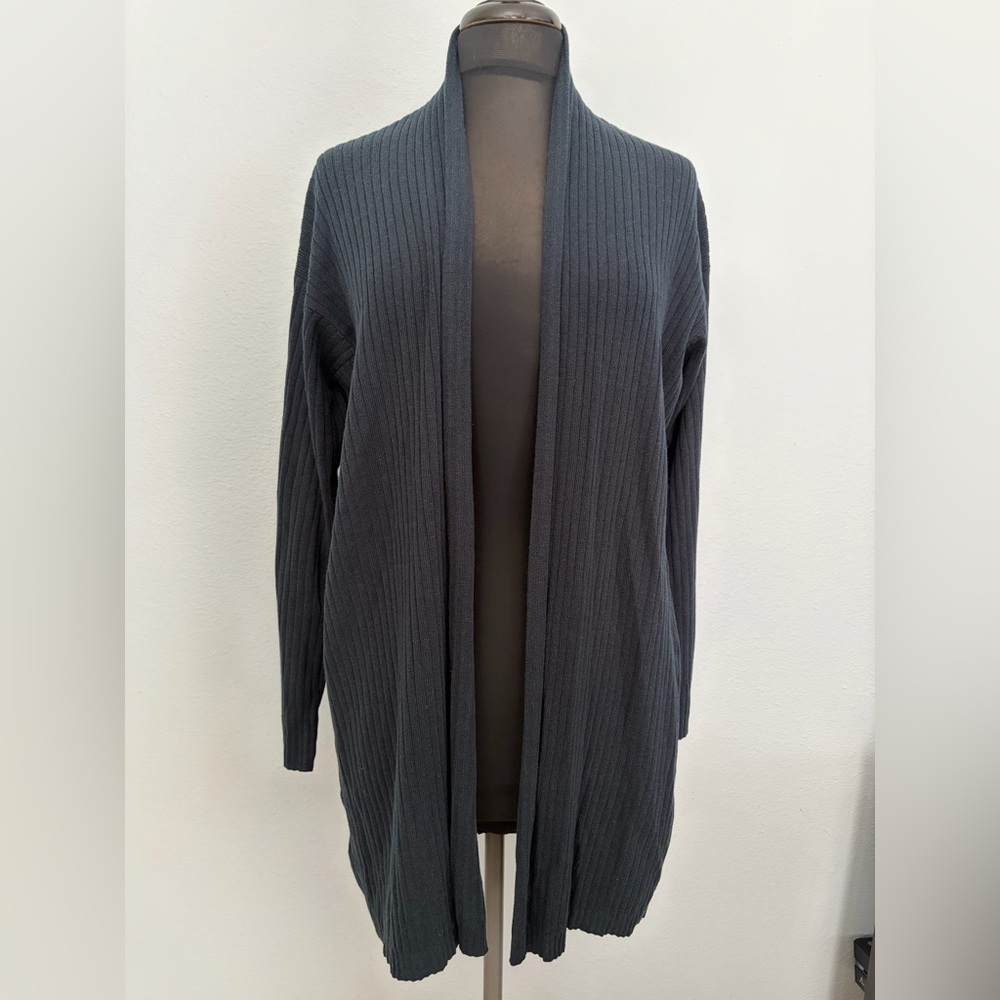 Open-Front Ribbed Long Cardigan Sweater - Dark Blue